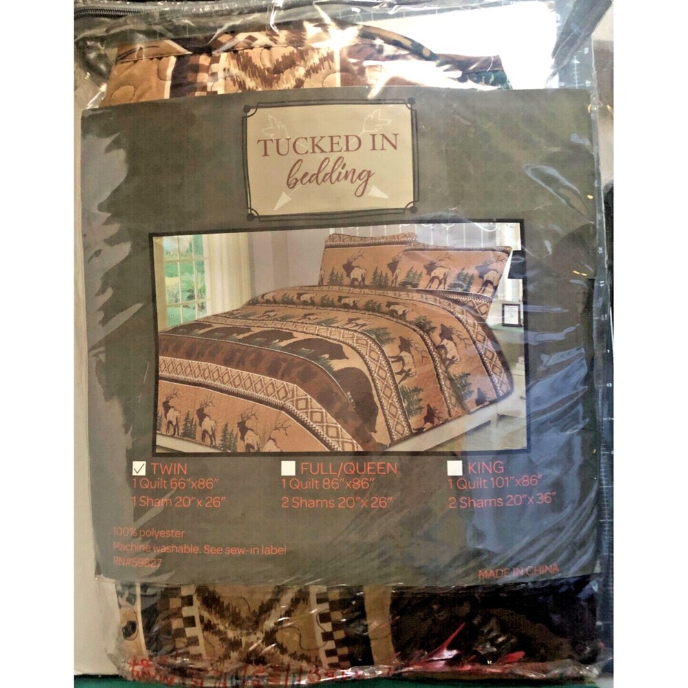 Nantucket Rustic Bear Quilt Comforter Sham Twin Size Set Deer Open Package